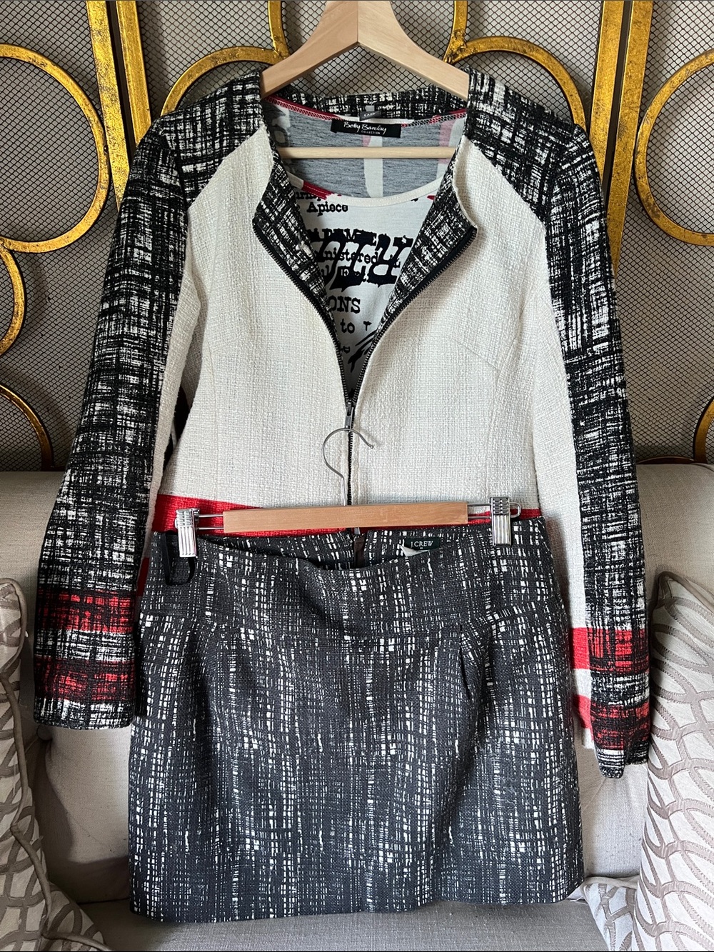 3 piece-  Black, White & Red Tweed Jacket and Skirt Set